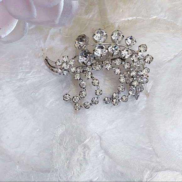 Vintage Silver Tone Rhinestone Floral Brooch Bride